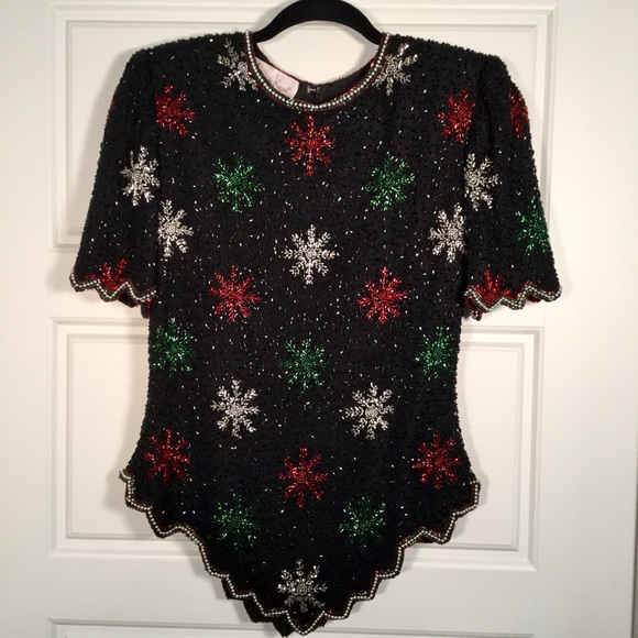 Laurence Kazar Tops - Laurence Kazar | Black Silk Beaded Holiday Top Sm